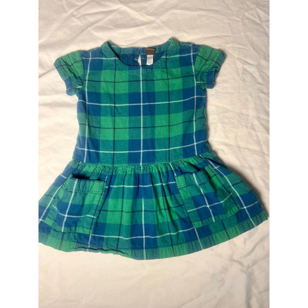 Tea Collection Girls Green Blue Plaid Cotton Drop Waist Pocket Dress Size 4